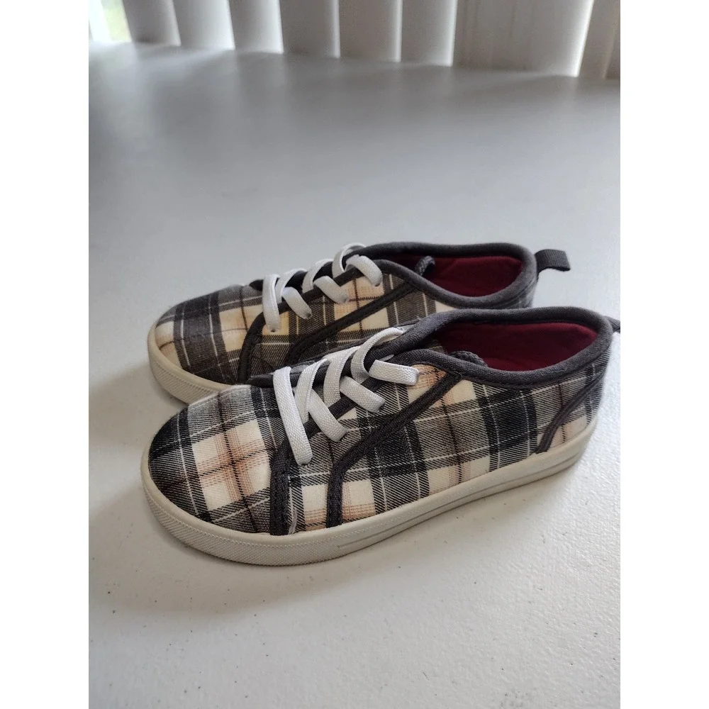 OshKosh Bgosh‎ Kids Plaid Machine Washable Slip On Sneakers Grey Tan 11 SYRUP